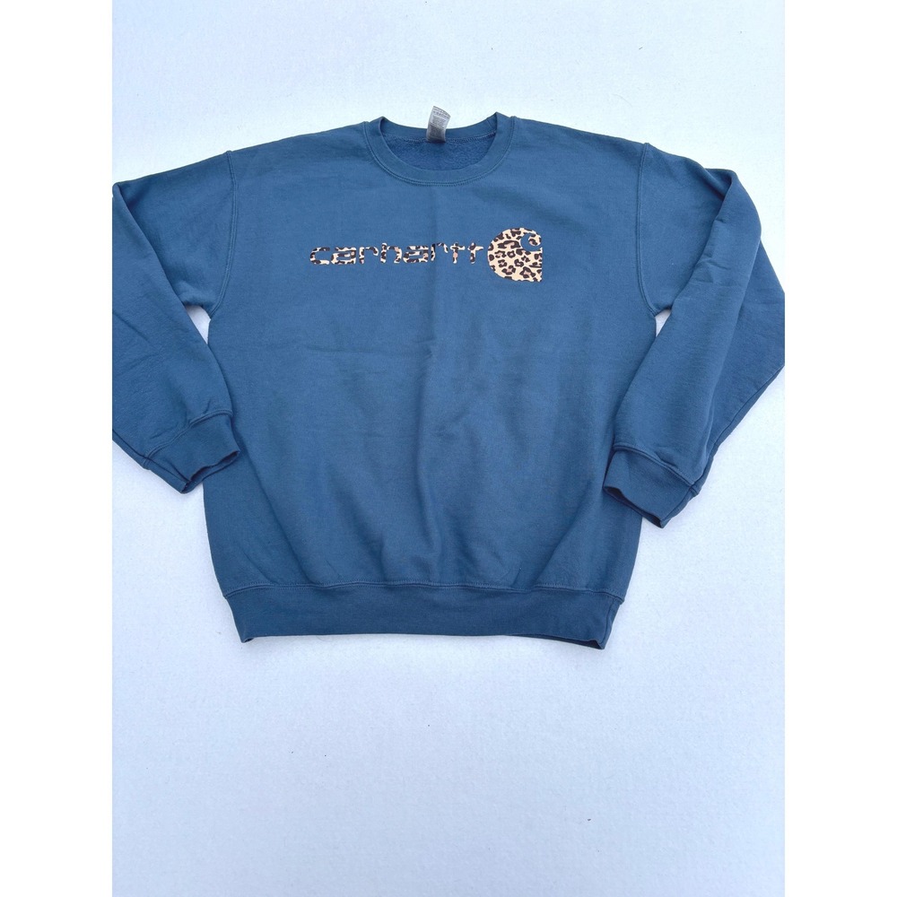 Gildan Heavy Blend Blue Leopard Print Logo Sweatshirt Womens Medium Pullover